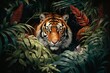Tiger stealthily roams amidst tropical foliage. Generative AI