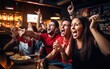 Cheering group of friends watching football match at a bar. Generative AI