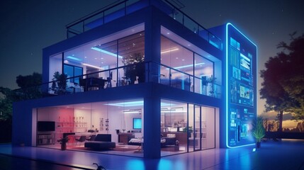 Modern smart home management system using augmented reality. Smart building. Abstract visualization colorful background New age concept with Empty copy space for presentation banner. 