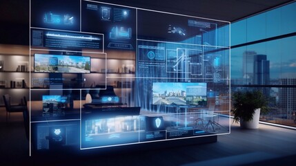 Modern smart home management system using augmented reality. Smart building. Abstract visualization colorful background New age concept with Empty copy space for presentation banner. 