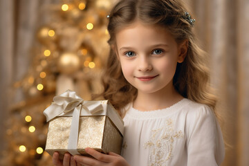 Wall Mural - The portrait of a happy little girl holding a gift box wrapped with cute ribbon on a christmas celebration holiday at home. Generative AI.