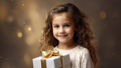 Wall Mural - The portrait of a happy little girl holding a gift box wrapped with cute ribbon on a christmas celebration holiday at home. Generative AI.