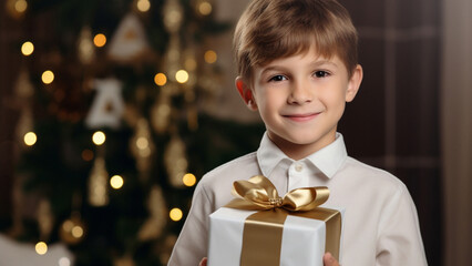 Wall Mural - A cheerful young boy grasping a present box adorned with an adorable ribbon during a Christmas festivity at his residence. Generative AI.