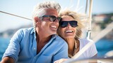 Senior couple sailing luxury yacht during their active retirement, Plan life insurance of happy retirement.
