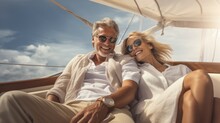 Senior Couple Sailing Luxury Yacht During Their Active Retirement, Plan Life Insurance Of Happy Retirement.