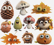 cute funny autumn objects with eyes, like acorn, leaf, pumpkin, hedgehog, pine cone and mushroom, isolated on white background - post-processed generative AI  isolated on white background - post-proce