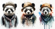 three artistic modern watercolor style portraits of  cool hipster pandas, wearing a jacket, glasses and hat, isolated on white background - post-processed generative AI