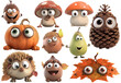 cute funny autumn attributes with eyes, like acorn, leaf, pumpkin, hedgehog, pine cone and mushroom, isolated on white background - post-processed generative AI