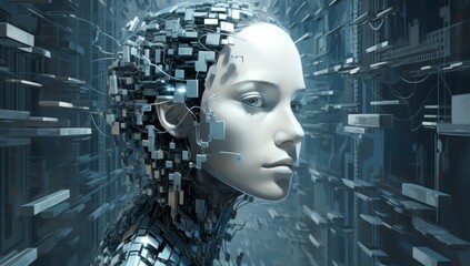 Aufkleber - A Futuristic Scene: A Person Contemplating Technology While a Robot Woman Engages in Deep Thought About the Future of Artificial Intelligence