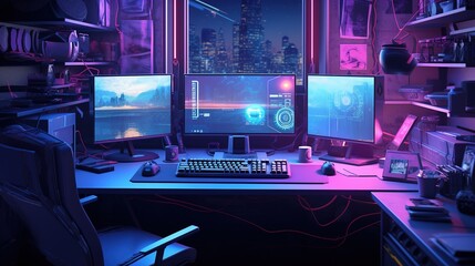 Generative AI, Computer on the table in cyberpunk style, nostalgic 80s, 90s. Neon night lights vibrant colors, photorealistic horizontal illustration of the futuristic interior. Technology concept..	