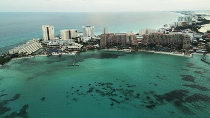 Wall Mural - Aerial Cancun Hotel resort zone with pristine ocean in Caribbean Sea 