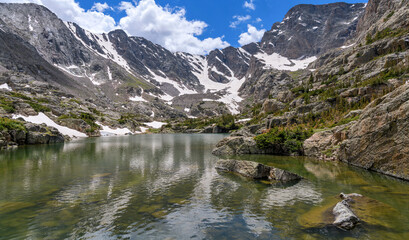 Wall Mural - Spring at Lake of Glass - A sunny and calm Spring day at Lake of Glass, surrounded by rugged Taylor Peak and Taylor Glacier. Rocky Mountain National Park, Colorado, USA.