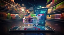 A Turbocharged Shopping Cart Speeding Down A Virtual Online Grocery Store Aisle. This Visual Should Capture The Essence Of The High-speed Online Grocery Shopping Experience.
