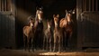 Purebred foals embodying rural serenity by the stable entrance