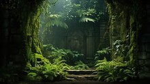 Wood Magical Fern Grotto Illustration Forest Green, Moss Background, Travel Tree Wood Magical Fern Grotto