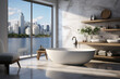 Modern luxury bathroom design. Panoramic windows,white bathtub, mirrors, towels, wooden furniture. You can see a beautiful view of skyscrapers, sea from the window
