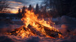 a campfire in winter in the evening
