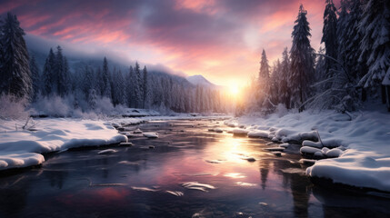 Poster - Beautiful winter landscape with a river in the middle and lots of snow on the trees