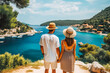 Multiethnic couple traveling in Croatia in summer. Happy young travelers exploring in city.