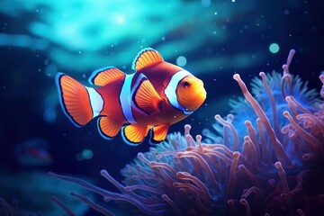 Wall Mural - Playful Clownfish underwater. Nature reef color. Generate Ai