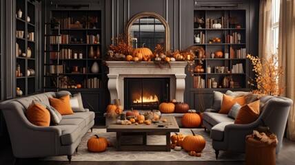 Wall Mural - a minimalist house adorned with cozy pumpkins in various shapes and sizes. The image should evoke a warm and inviting atmosphere, embodying both Thanksgiving and Halloween spirit.