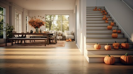 Wall Mural - a minimalist house adorned with cozy pumpkins in various shapes and sizes. The image should evoke a warm and inviting atmosphere, embodying both Thanksgiving and Halloween spirit.