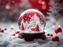 Snow Globe With Christmas Scene On Frozen Ground And Red Baubles