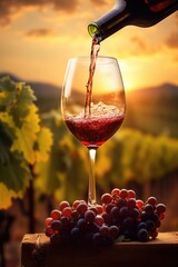 Canvas Print - Pouring red wine into glass on vineyard background at sunset. Generative AI