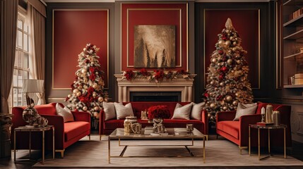 Sticker -  a living room decorated for christmas with red couches and a christmas tree.  generative ai