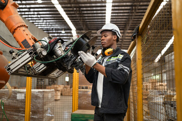 African American technician engineer man with checking and repair machine arm robot at factory