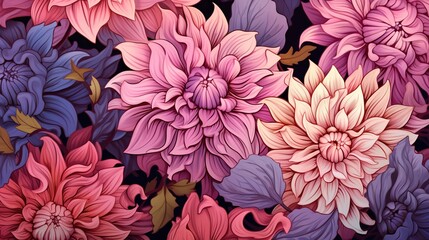   a bunch of flowers that are on a black background with pink and purple flowers.  generative ai