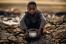 A Sad Child In Africa Close-up With An Empty Iron Mug Against The Backdrop Of A Dry River Bed. Drought, Water Shortage Problem.