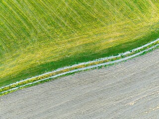 Canvas Print - Aerial view of farmland with path through fields.