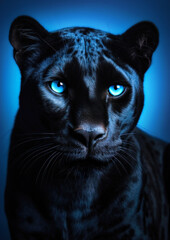 Animal portrait of a black panther on a blue background conceptual for frame