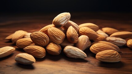 Poster -  a pile of almonds sitting on top of a wooden table.  generative ai