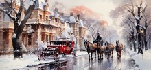Street Of An English Town In Winter With Snow In The Late 19th Century. Generative AI