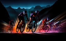 Long Time Exposure Photo Of A Mountain Bicycle Race. Generative AI