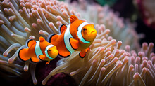 A Group Of Clown Fish Swimming Around Anemone In An Aquarium. Ai Generative