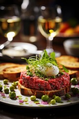 Tartare on toast with egg and micro-greenery sprouts