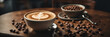 top view of cup of cappuccino near coffee beans and spoon on table in cafe