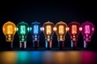 Colorful lightbulbs on black background, visually striking image representing diversity and versatility of energy sources. Generative AI