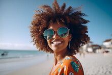 Happy Laughing Black Woman With Sunglasses On Beach Smiling Laughing On Summer Holiday Vacation Travel Lifestyle Freedom Fun. Generative AI