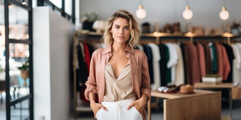 Wall Mural - Young business woman on the background of a clothing store. Business, women entrepreneurs, emancipation.