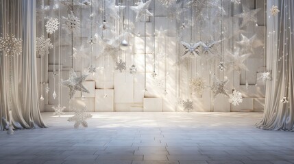 Poster -  a white room with curtains and snowflakes hanging from the ceiling.  generative ai