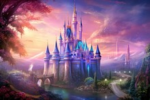 Magic Fairy Tale Princess Castle In The Fantasy Landscape. Digital Painting, Perched Upon A Magical Hill, Surrounded By A Spectacular Array Of Towering Spires And Enchanting Fairies, AI Generated