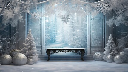 Sticker -  a winter scene with a bench and snowflakes on the trees.  generative ai