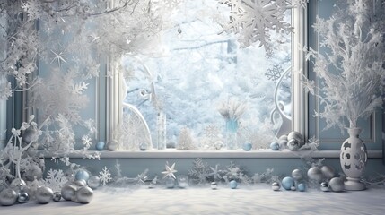 Wall Mural -  a picture of a window with snowflakes and ornaments.  generative ai