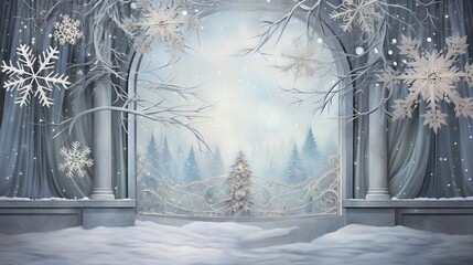 Canvas Print -  a painting of a snowy scene with trees and a window.  generative ai