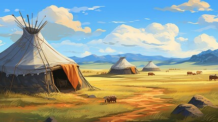 Wall Mural - nomad steppe traditional yurts illustration outdoor asia, tradition design, house home nomad steppe traditional yurts