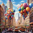 Cityscape Celebration with Giant Bouquets of Balloons and Bustling Traffic